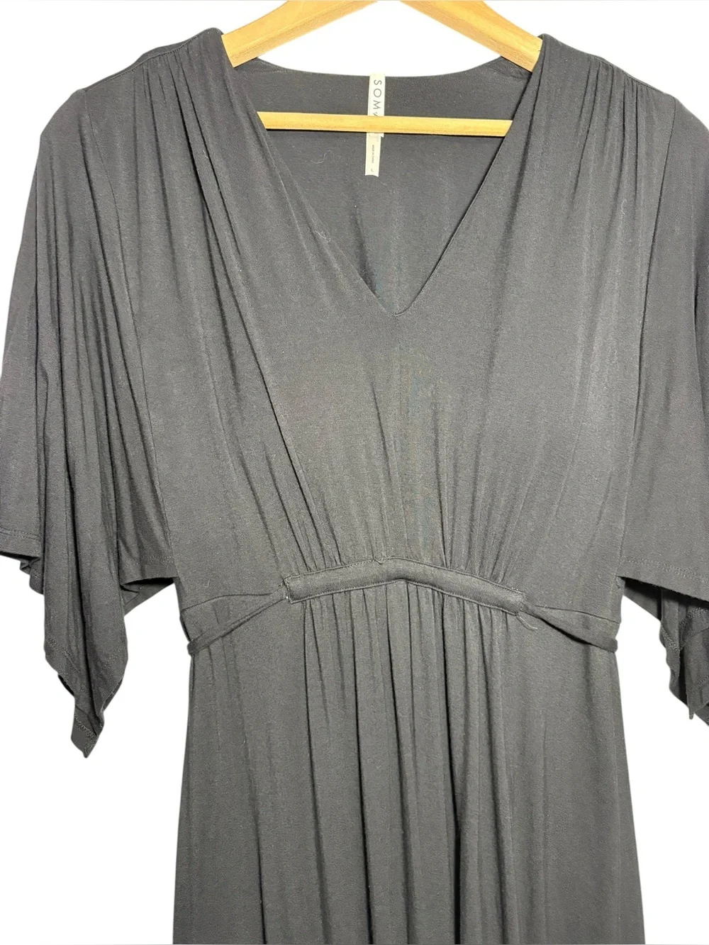 SOMA | Black Soft Jersey Caftan V-Neck Flutter Sleeve Midi Dress L Built In Bra - Picture 7 of 15